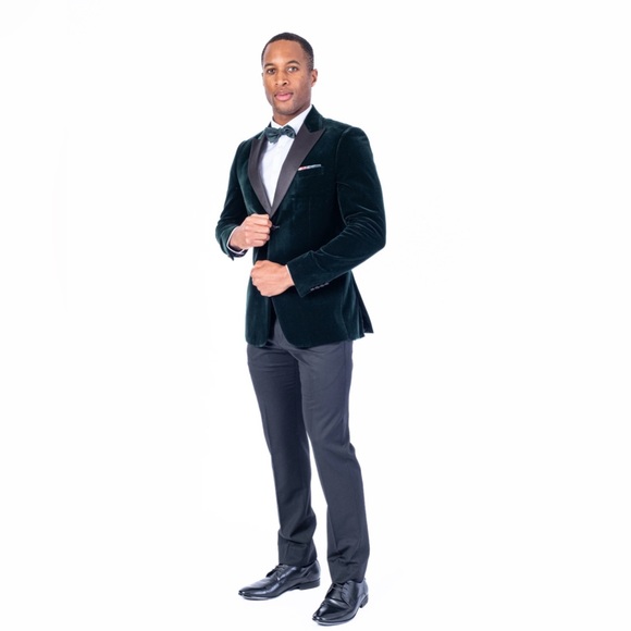 STRAUSS RED LABEL - Solid Velvet Peak Lapel Blazer - Hunter Green - Size 38S - Picture 2 of 9